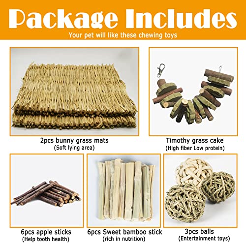 Bunny Grass Bed Mat 18Pcs Rabbit Chew Toys Set Hand-Made Woven Hay Mat | Wood&Bamboo Sticks and Timothy Grass Cake&Ball,Small Animals Teeth Grinding Chew Treat Toy for Guinea Pig - size: 18PCS Bunny Chew Toys