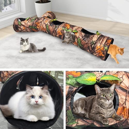 Foldable 3 Way Cat Play Tunnel for Indoor Cats,Cat Tunnel Toy | Camouflage Tree Bark Cat Tube with Peek Hole & Crinkle Paper ,Interactive Play Toy for Cat Kittens, Rabbits & Small Animals - color: 59"-Cat Tunnel Toy Brown