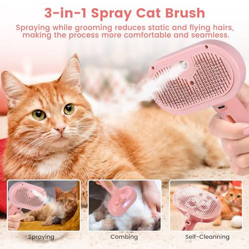 Steam Brush for Shedding Pets - Self-Cleaning Grooming Comb with Water Tank for Long & Short Haired Cats and Dogs (Pink) - color: Pink