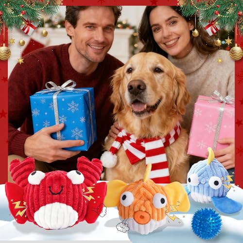 Squeak Dog Toys For Aggressive Chewers, Interactive Dog Toy Ball With Crinkle Paper, No Stuffing, Perfect For Medium Dogs, Large & Small Breeds (C-Yellow Fish) - color: C-Yellow Fish