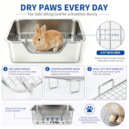 Stainless Steel Rabbit Litter Box with Hay Feeder & Sifting Grid | Bunny Litter Box Kit with Bowl & Tunnel, 6-Inch High Sides Help Reduce Mess, Low Entry for Easy Access, Grid for Drier Paws - size: L(19.7"×13.8"×5.9")
