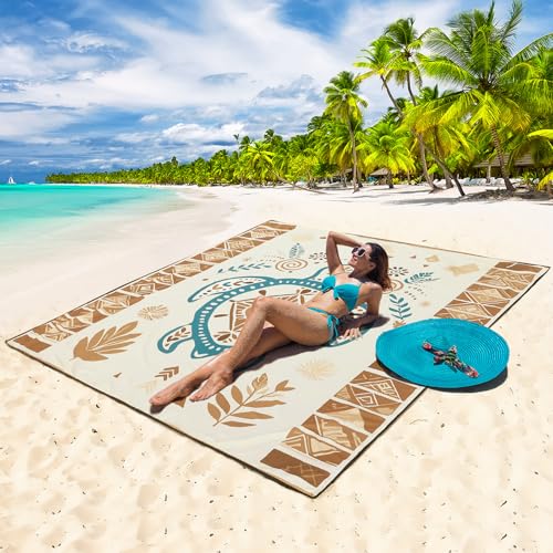 WIWIGO Beach Blanket Mat Waterproof Sandproof for 2-8 Adults Quick Drying | Extra Large, For 2-8 Adults,Windproof, Outdoor Picnic Mat, Beach Accessories Must Have,Gifts, for Travel, Camping, Hiking - color: Beige Sea Turtle - Geometric, size: 79" X 83"（1-