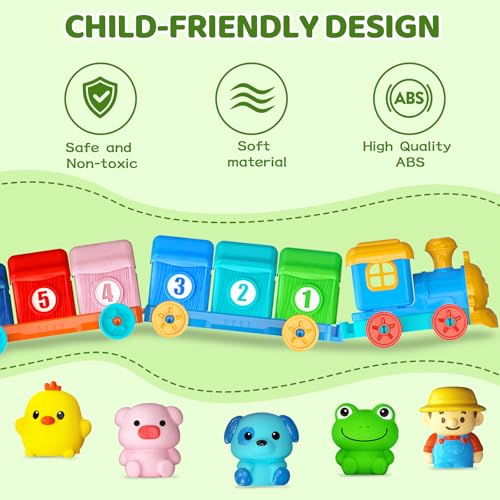 Toddler Learning Toys for 2 3 Year Old, Counting Matching & Sorting Montessori Train Set with 9 Farm Animals Finger Puppets, Birthday Gift for Baby Boys Girls