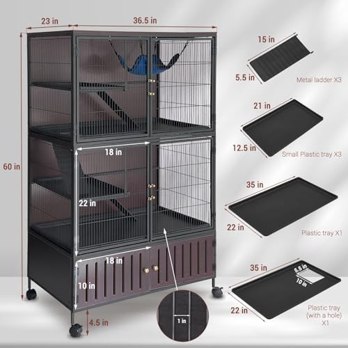 60" H Large Ferret Cage, Multi-Level Guinea Pig Cage, Small Animal Mansion with Hammock, Storage Cabinet, Multi-Species Habitat for Ferret, Rabbit, Guinea Pig, Sugar Glider, Pet Rats