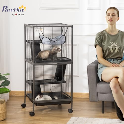 PawHut Metal Small Animal Cage, 4-Tiers Rolling Big Ferret Cage, Gray | with Hammock, Removable Tray, for Chinchilla, Sugar Glider - color: Grey, size: 20.5"L x 20.5"W x 44.8"H