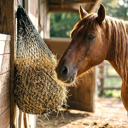 FRUITEAM Hay Nets for Horses, Heavy Duty Hay Bags with 2" Hole, Durable Hanging Hay Net for Goat Sheep, Slow Feed Hay Net with Upgraded Anti-Biting Nylon Rope (35" Length)
