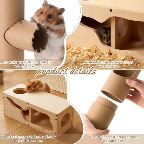 AceOrbit Hamster Tunnel Tubes and Wooden House Set, Composable DIY Hamster Tunnels and Hideout, Small Animal Tube for Mouse Gerbils Mice or Other Small Animals Habitat