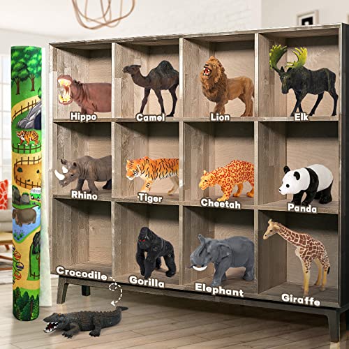 FRUSE Safari Animals Figures Toys with 57”x38.5” Play Mat for Toddlers 3-5 | 12 PCS Jungle Wild Zoo Animals Figurines, Storage Box, Tiger, Lion, Elephant, Toddler Learning Toys, Gifts for Kids 3 4 5 6 7