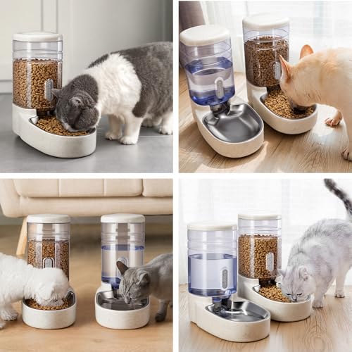 Automatic Cat Feeder and Water Dispenser with Stainless Steel Bowl Gravity Food Feeder and Waterer Set for Small Medium Dog Puppy Kitten 1 Gallon x 2(Beige) - color: Stainless Steel-Beige