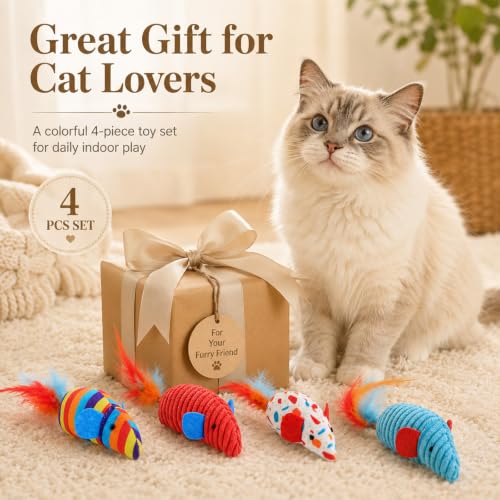 4 Pack Interactive Cat Toys, Catnip Mice with Feather Tails | Premium canvas & corduroy textures, ideal for indoor kittens or bored adults, promotes enrichment & teething chew relief