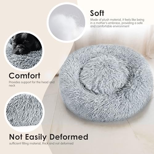 28in Large Dog Bed, Medium Size Dog and Cats, Calming Donut Bed for Puppy and Kitten, Washable Round Fluffy Pet Bed (Light Grey) - color: Light Grey, size: 28.0"L x 28.0"W x 8.0"Th