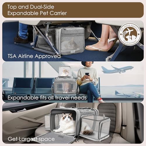 Top and 2 Sides Expandable Cat Carrier 18x13.5x9.5 TSA Airline Approved | Dog Carriers for Small Dogs, Soft-Sided Pet Carrier, Anti-Scratch Mesh, Lockable Zippers, for Kitten, Rabbit, Puppy, Grey - color: Grey, size: 18.0"L x 13.5"W x 9.5"H