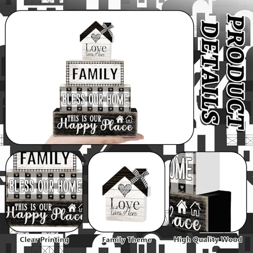 Tiered Tray Decor Set, 4 Pcs, Wooden, for Home Kitchen, Family | Rustic Buffalo Plaid, Farmhouse Rustic Summer Coffee Table Centerpieces Office Decorations - style: Family