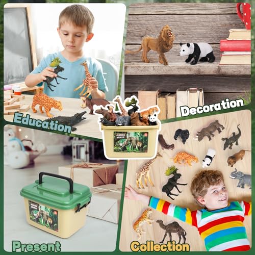 FRUSE Safari Animals Figures Toys with 57”x38.5” Play Mat for Toddlers 3-5 | 12 PCS Jungle Wild Zoo Animals Figurines, Storage Box, Tiger, Lion, Elephant, Toddler Learning Toys, Gifts for Kids 3 4 5 6 7