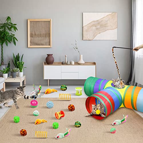 Malier Cat Toys Kitten Toys Set, Collapsible Cat Tunnels for Indoor Cats, Interactive Kitty Toys Cat Feather Toy Fluffy Mouse Crinkle Balls 3 Way Tube Tunnel Toys for Puppy Kitty Kitten - color: Rainbow