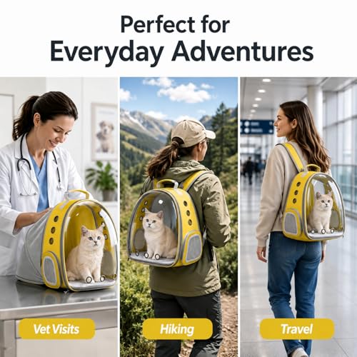 Cat Backpack Carrier Back Expandable Bubble Pet Carrier Backpack for Large Cat, Kitten and Dog, Designed for Hiking, Travelling and Outdoor Use (Back Expandable-Yellow) - color: Yellow