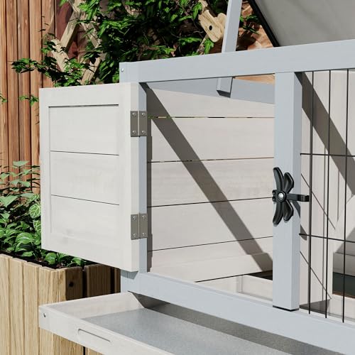 PawHut Elevated Wooden Rabbit Hutch Indoor/Outdoor Bunny Cage Light Gray | Hinged Asphalt Roof, Removable Tray for Guinea Pig - color: Light Gray