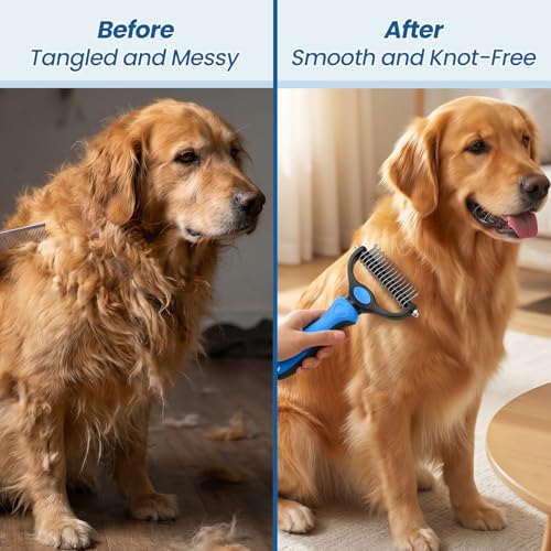 Double-Sided Pet Grooming Rake - 4-in-1 Professional Pet Grooming Kit Deshedding Dematting Tool for Dogs Cats Extra-Wide Grooming Brush & Deshedder Comb for Long & Short Haired Pets (Blue Kit 4PCS) - color: Blue
