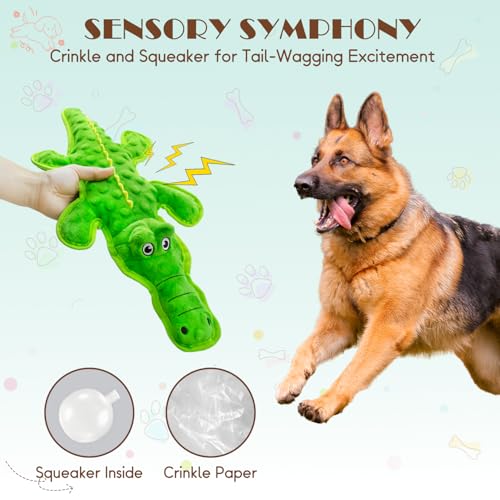 No Stuffing Dog Squeak Toys, Chew Toys for Small, Large Puppies Crocodile | Durable Plush Puppy Teething Toys, Interactive to Keep Pets Busy, Toss Fetch Tug Play, Best Birthday Gift - color: Green