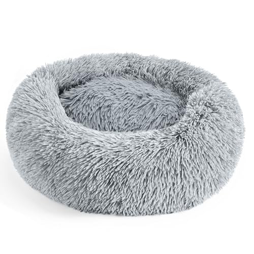 28in Large Dog Bed, Medium Size Dog and Cats, Calming Donut Bed for Puppy and Kitten, Washable Round Fluffy Pet Bed (Light Grey) - color: Light Grey, size: 28.0"L x 28.0"W x 8.0"Th