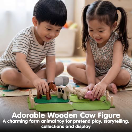 PlanToys® Cow Wooden Montessori Kids Farm Animal Figurine Creative Play | cow wooden figurine, montessori imaginative play, language development social interaction coordination, animal figure, kids t - color: Cow