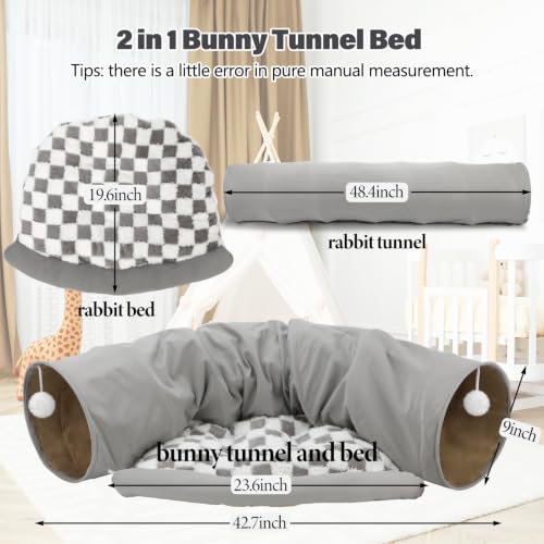 BWOGUE Bunny Tunnel Bed, 2-in-1 Rabbit Tunnel Hideout with Mat, Gray | Removable Mat for Washing, Ball Toy for Play, Tunnel Tubes for Hiding, Soft Suede Fabric, Cats Rabbits Guinea Pigs - color: Gray