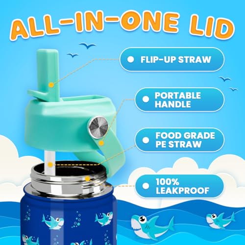 SANDJEST Shark Water Bottle - Kids Water Bottle with Straw Lid - 12 Oz Insulated Stainless Steel Water Bottles for Kid Boy- Travel Cup for School Sports - color: Shark 3