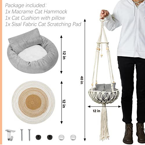 3 Pcs Macrame Cat Hammock, Including Hanging Kitten Bed Scratcher Scratch Pad Swing Bed for Small Cat Small Dog(40 x 12 Inch,Cute Style)