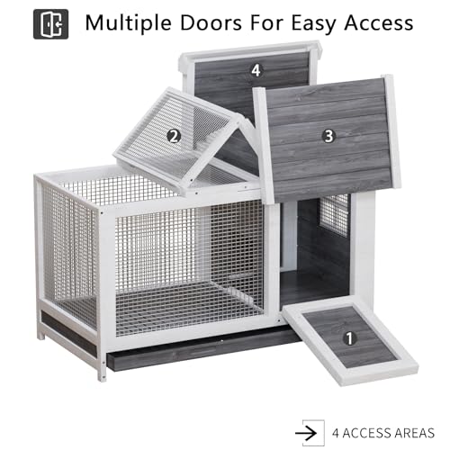 Garvee Wooden Rabbit Hutch Indoor and Outdoor, Rabbit Cage with Removable Wire Netting, Weatherproof Bunny Cage with Anti-Chew Metal Frame Ramp for Small Animals Grey