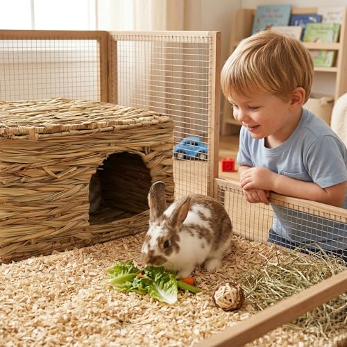 WUWEOT 2 Pack Large Grass Bunny House, Foldable Rabbit Hut, Play Hideaway Bed Hay Mat Chew Toy for Rabbit, Guinea Pigs, Gerbils, Hamster and Small Animals, 11"x8"x8"