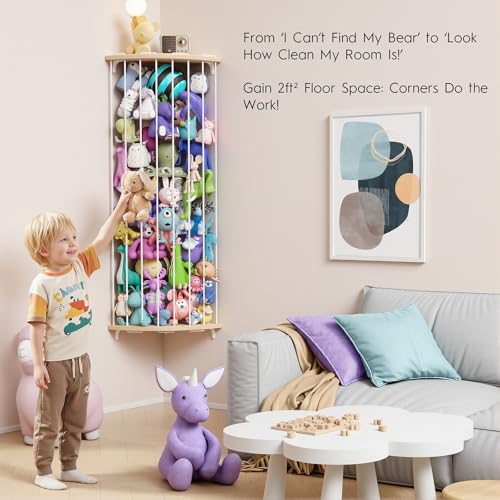Stuffed Animal Storage Wood Corner Plush Toys Holder with Star Pattern, Length Adjustable Hanging Stuffed Animal Toy Organizer Shelf for Nursery Play Room Bedroom Kid Room