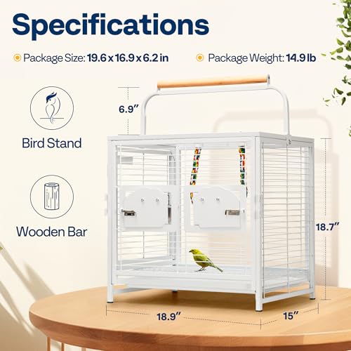 VIVOHOME 19 Inch Wrought Iron Travel Bird Cage for Cockatiel Parakeets | Bird Travel Carrier Cage with Wooden Handle/Perch, Slide-out Tray for Small Parrots Conures Lovebirds Canaries Finches, White - color: White