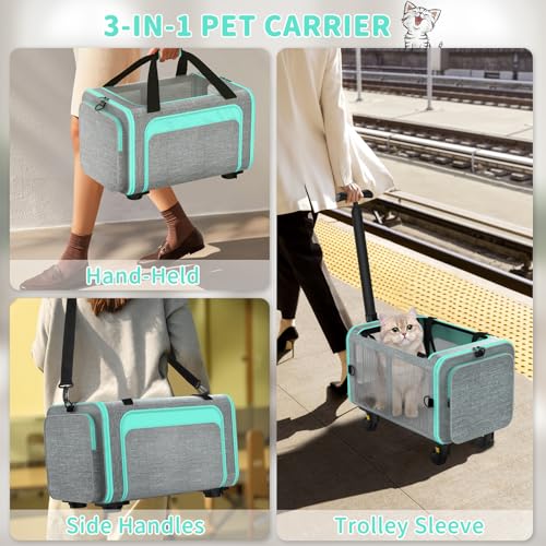 Airline Pet Carrier with Wheels, 18x11x11 for Cats & Toy Dogs | Soft-sided nylon under-seat bag, removable wheels, expandable mesh, cats & toy-breed dogs, measure pet before buying - color: Green