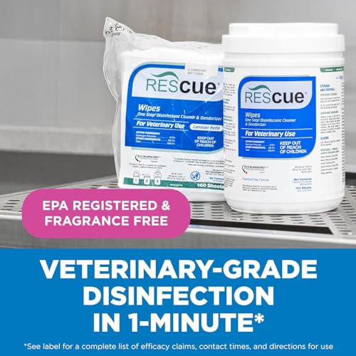 REScue One-Step Disinfectant Cleaner & Deodorizer Wipes for Vet Use – Cleaner for Kennels, Litter Boxes, Vet Offices, Pet Grooming Surfaces, Pet Items – Wipes Canister, 160-Count (4 Pack) - size: Canister (4 Pack) Wipes