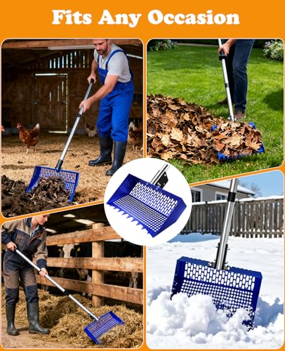 Chicken Poop Scooper & Rake with 3-Angle Adjustable Sifting Shovel | 12" Stainless Steel Chicken Coop Scoop for Sand, 22-64" No-Bend Poultry Litter Cleaner for Chicken Coop & Animals House