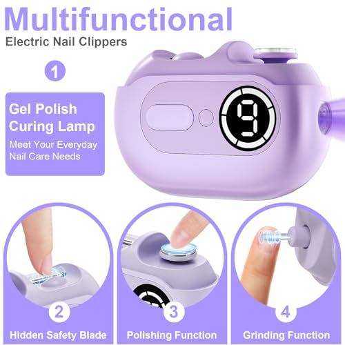 4 in 1 Electric Nail Clipper for Seniors, Automatic Nail Trimmer with Night Light & 9 Speeds Nail Polisher Fingernail Clippers for Women & Men Nail Grinder Files for Elderly - size: Purple