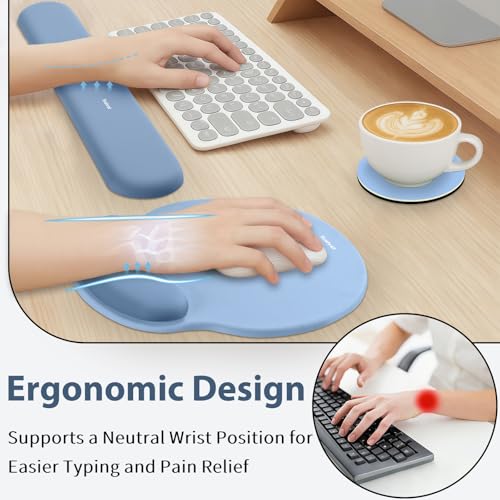 Mouse Pad and Keyboard Wrist Rest, 3-in-1 Gel Memory Foam Ergonomic Mouse Pad with Wrist Rest Set,Gaming Mousepad Arm Cushion Support for Computer Office Desk Accessories Cute Setup,Sky Blue - color: Sky Blue