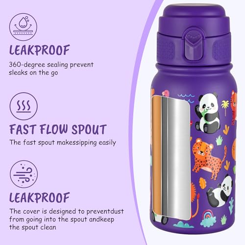 GOPPUS Kids Insulated Water Bottle 12oz, Leakproof Stainless Steel Thermos, BPA Free Double Wall Vacuum Insulated Bottle for School, Travel, Sports & Outdoor Activities, Boys Girls - color: Purple panda