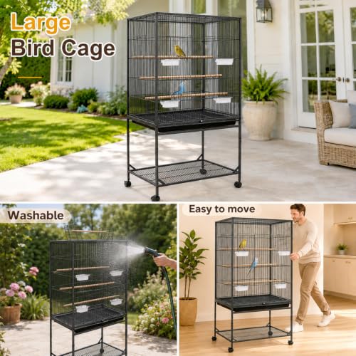 59-inch Open Top Bird Cage, Wrought Iron Bird Flight Cage with Rolling Stand, Slide-Out Tray for Parrot, Parakeets, Lovebird, Finch, Pigeon (Black)