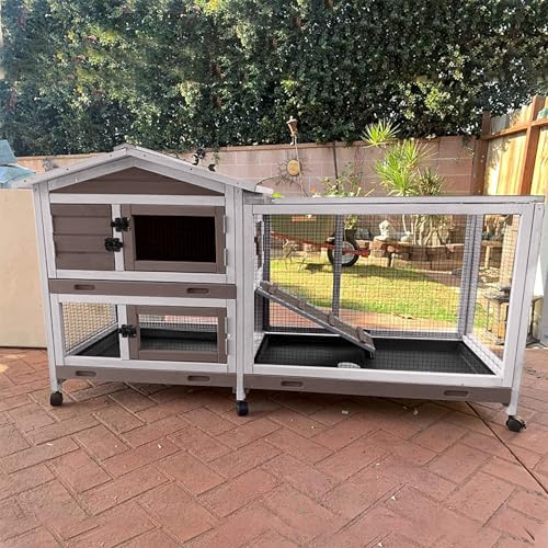 GUTINNEEN 59.5 in Rabbit Hutch with Wheels, 2-Level Wooden Bunny Cage with Run, 3 Access Doors, 2 Locking Wheels & Removable Pull-Out Tray, White - color: Brown and White
