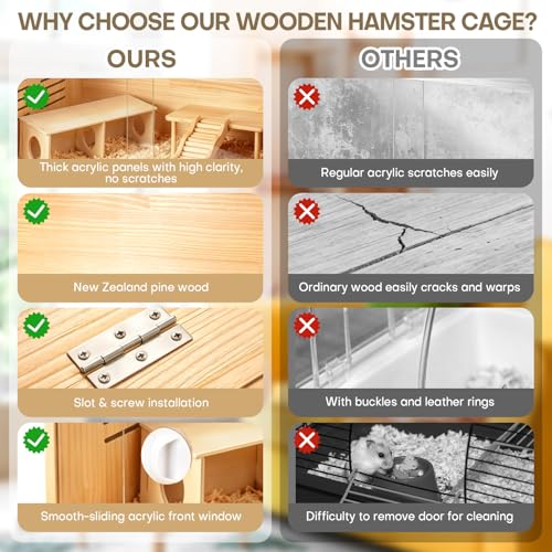 Hamster Cage 32 Inch Large Chewproof Wooden Habitat, Openable Top, Double Openable Acrylic Sheet Doors, Easy Assembly, Hamster Enclosure for Gerbil & Syrian Hamster, Dwarf Hamster (with Accessories)