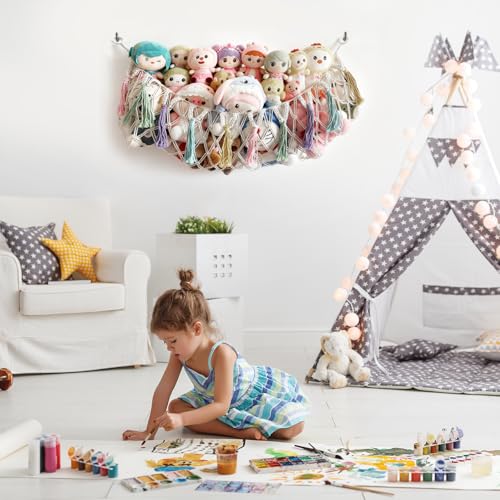 Bohemian Stuffed Animal Hammock, 51" Large Toy Storage Net for Plush Toys, Kids Room & Nursery Wall Hanging Organizer, Macrame Corner Storage, Baby Girl Room Decor Gift.