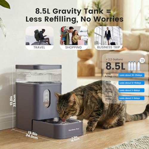 Gardner Pet 2.2 Gallon Automatic Dog Water Bowl Dispenser 8.5L Gravity Water Feeder with Stainless Steel Bowl & Maifan Stone Filter, BPA-Free for for Cats and Dogs (Grey, 2.2 Gallon) - color: Grey, size: 2.2 Gallon