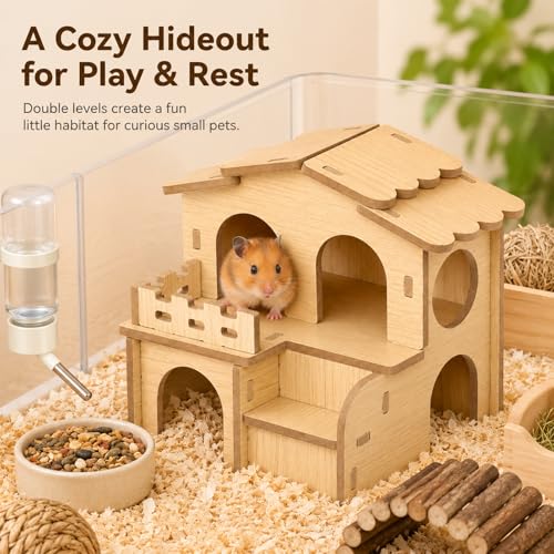 Wooden Hamster House, 2-Story Hideout with Steps and Balcony | Two-level wooden hideout and maze with rooms, steps and balcony for Syrian and dwarf hamsters, gerbils and mice