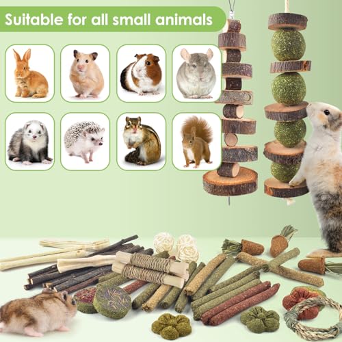 ERKOON 70PCS Rabbit Chew Toys, Natural Timothy Grass Cakes Guinea Pig Toys, Small Animal Teeth Grinding Treats for Bunny Hamster Chinchilla, Safe Dental Care Snacks - size: 70