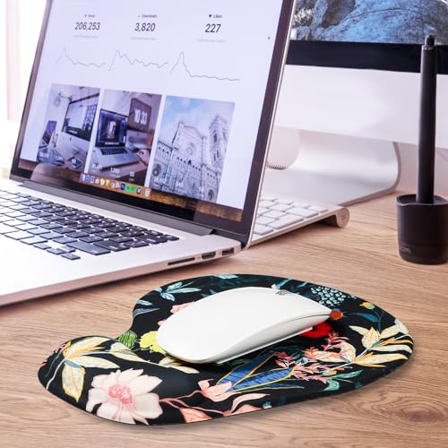 JIKIOU Ergonomic Mouse Pad with Gel Wrist Rest 2Pack, Portable Small Flower | Upgraded-Prevent Gel Leakage, Ergonomic Design for Pain Relief, Cooling Gel filled, Smooth Lycra Surface, Non-Slip PU Base - color: 03Black-Flowers