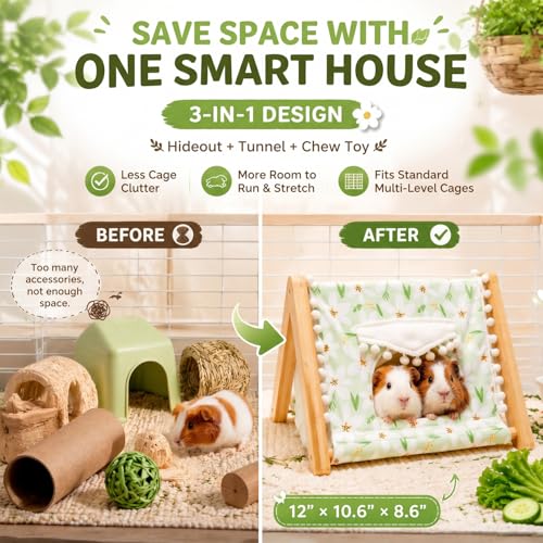 Guinea Pig Hideout No Bottom, Sturdy Bamboo Small Animal House with Window, Rabbit Bunny Tunnel, Easy to Assemble for Hamsters Bunny Rat Chinchillas Playing Hiding, Guinea Pig Cage Accessories, Green - color: Green