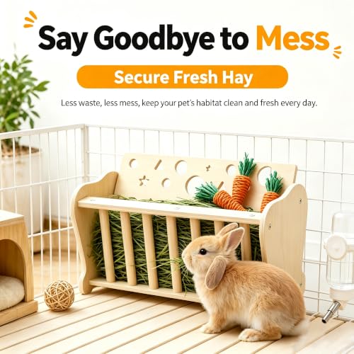 Large Capacity Rabbit Hay Feeder Wooden Guinea Pig Hay Holder Bunny Hay Rack Food Dispenser for Chinchilla Small Animal