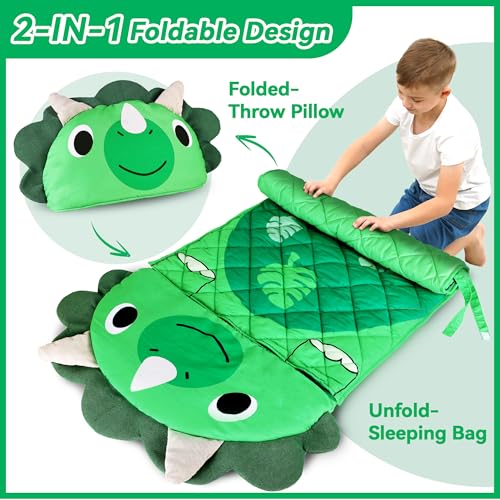iPlay, iLearn Kid Sleeping Bag, Dinosaur Slumber Sack, Toddler Boy Nap Mat | 2 in 1 Green Dinos Cushion Pillow Blanket, Happy Travel Sleepover Daycare Preschool Birthday Gift for 3 4 5 6 Years Old Child - style: Dinosaur