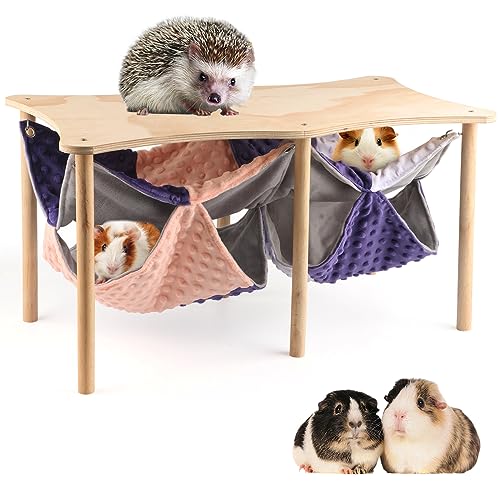 Guinea Pig Hammock,Double Ferret Rat Hammock with Stand,2PCS Hanging Soft Small Animal Toys Sleeping Bed with Durable Wooden Stand for Chinchilla Bunny Hiding and Playing